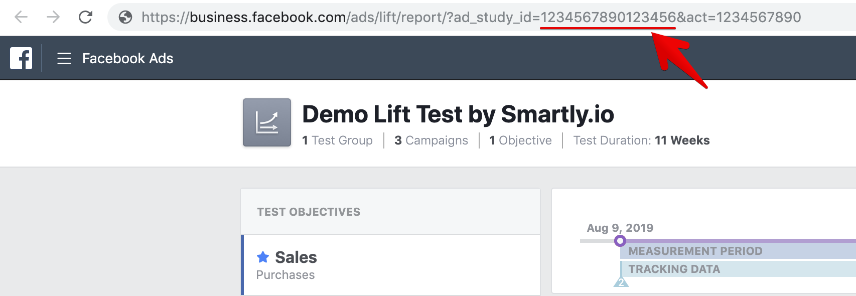 What Facebook ad testing looks like on Business Manager - and how to find the Ad Study ID from the URL